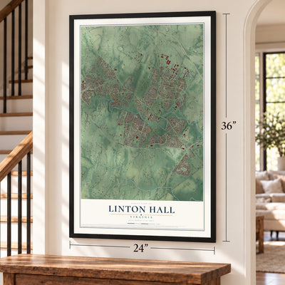 Linton Hall, Virginia map, 24 x 36 inch print in a black frame by a staircase