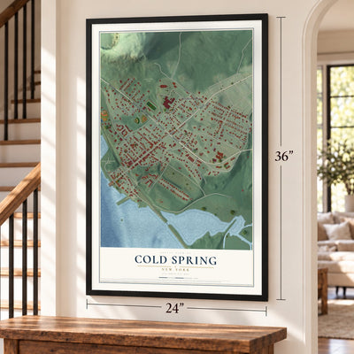 Cold Spring, New York map, 24 x 36 inch print in a black frame by a staircase