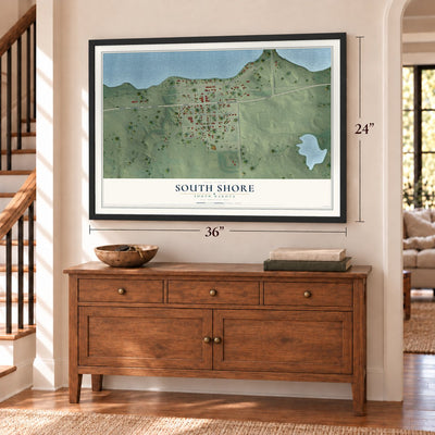South Shore, South Dakota map, 24 x 36 inch print in a black frame above a dresser by a staircase