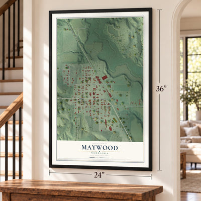 Maywood, Nebraska map, 24 x 36 inch print in a black frame by a staircase