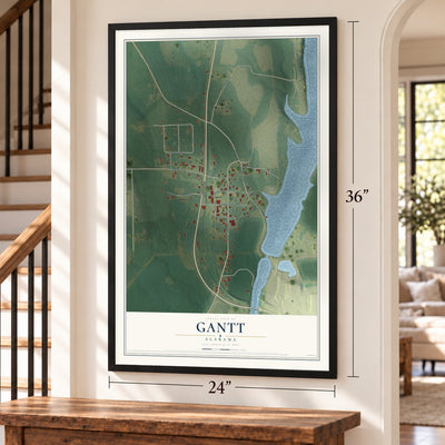 Gantt, Alabama map, 24 x 36 inch print in a black frame by a staircase
