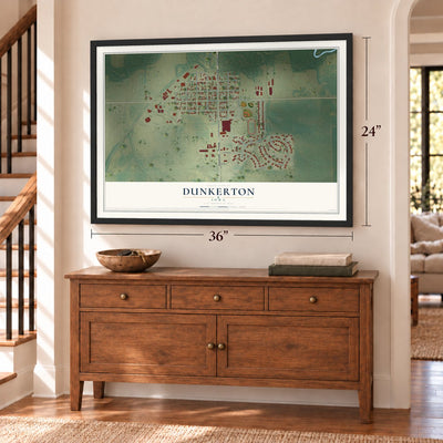 Dunkerton, Iowa map, 24 x 36 inch print in a black frame above a dresser by a staircase