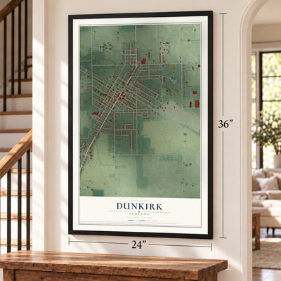 Dunkirk, Indiana map, 24 x 36 inch print in a black frame by a staircase