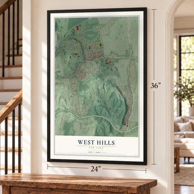 West Hills, New York map, 24 x 36 inch print in a black frame by a staircase