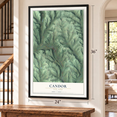 Candor, New York map, 24 x 36 inch print in a black frame by a staircase