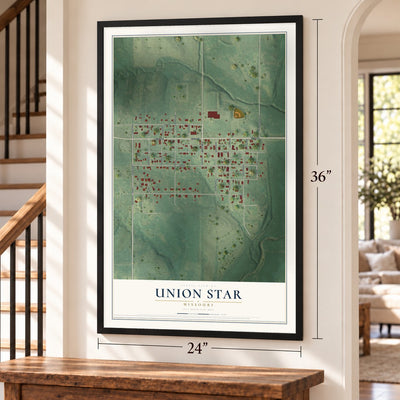 Union Star, Missouri map, 24 x 36 inch print in a black frame by a staircase