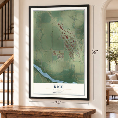 Rice, Minnesota map, 24 x 36 inch print in a black frame by a staircase
