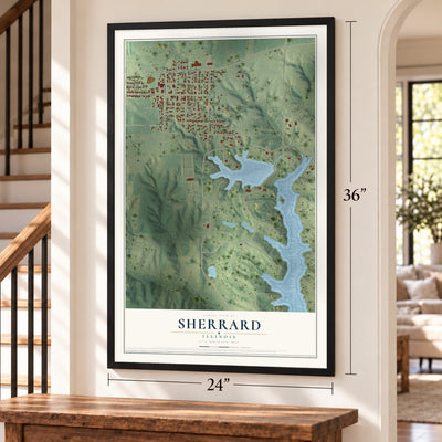 Sherrard, Illinois map, 24 x 36 inch print in a black frame by a staircase
