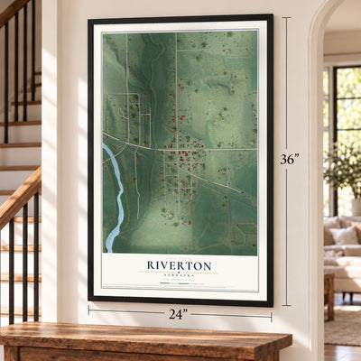 Riverton, Nebraska map, 24 x 36 inch print in a black frame by a staircase