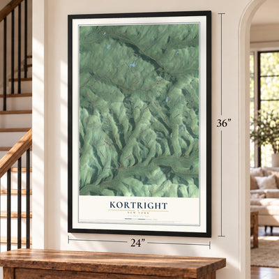 Kortright, New York map, 24 x 36 inch print in a black frame by a staircase