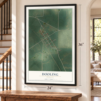 Dooling, Georgia map, 24 x 36 inch print in a black frame by a staircase