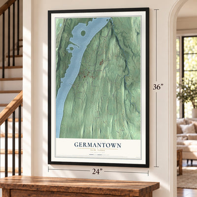 Germantown, New York map, 24 x 36 inch print in a black frame by a staircase