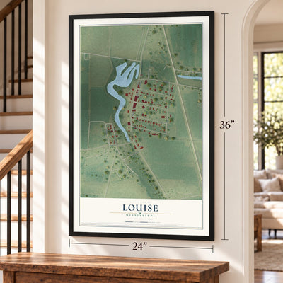 Louise, Mississippi map, 24 x 36 inch print in a black frame by a staircase