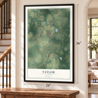 Taylor, Alabama map, 24 x 36 inch print in a black frame by a staircase