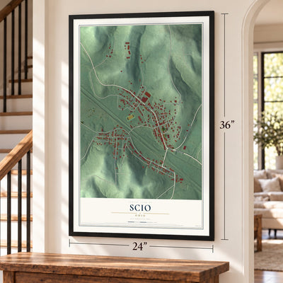 Scio, Ohio map, 24 x 36 inch print in a black frame by a staircase