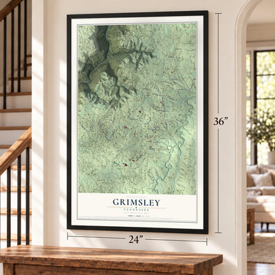Grimsley, Tennessee map, 24 x 36 inch print in a black frame by a staircase
