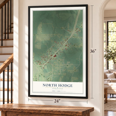 North Hodge, Louisiana map, 24 x 36 inch print in a black frame by a staircase