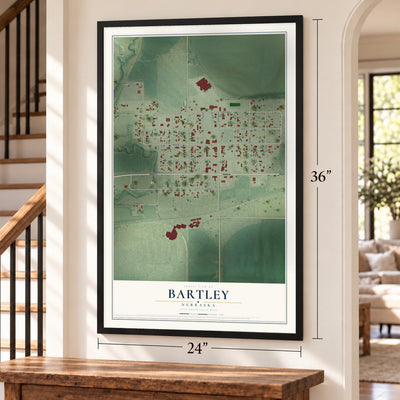 Bartley, Nebraska map, 24 x 36 inch print in a black frame by a staircase