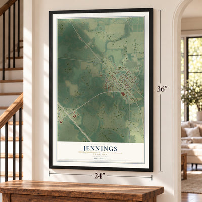 Jennings, Florida map, 24 x 36 inch print in a black frame by a staircase