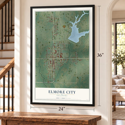 Elmore City, Oklahoma map, 24 x 36 inch print in a black frame by a staircase