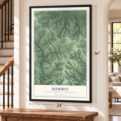 Summit, Juneau County, Wisconsin map, 24 x 36 inch print in a black frame by a staircase