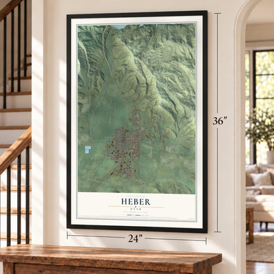 Heber, Utah map, 24 x 36 inch print in a black frame by a staircase