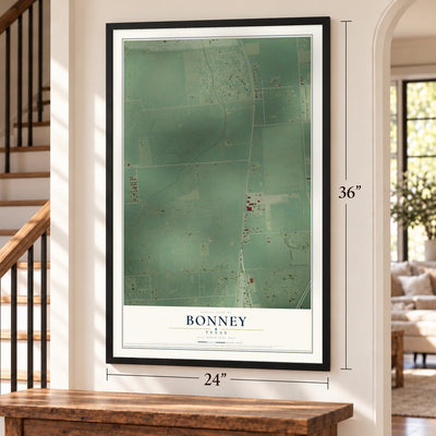 Bonney, Texas map, 24 x 36 inch print in a black frame by a staircase