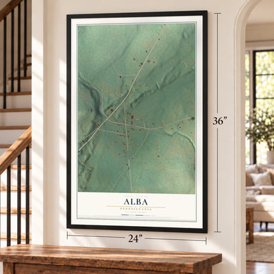 Alba, Pennsylvania map, 24 x 36 inch print in a black frame by a staircase