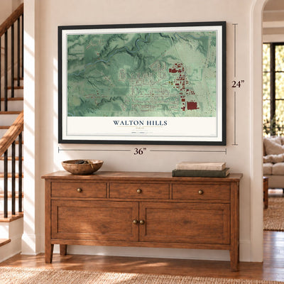 Walton Hills, Ohio map, 24 x 36 inch print in a black frame above a dresser by a staircase