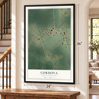 Cordova, South Carolina map, 24 x 36 inch print in a black frame by a staircase