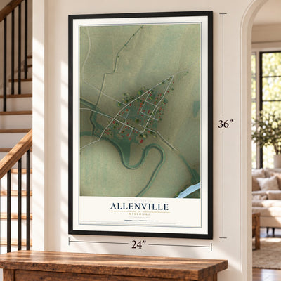 Allenville, Missouri map, 24 x 36 inch print in a black frame by a staircase