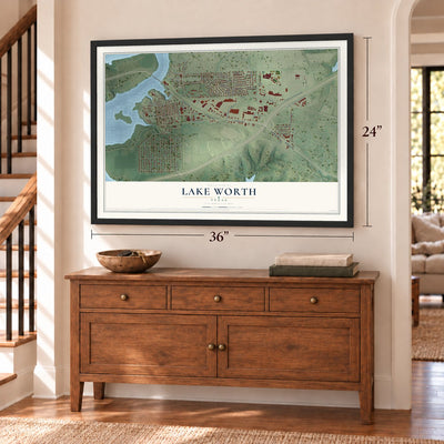 Lake Worth, Texas map, 24 x 36 inch print in a black frame above a dresser by a staircase