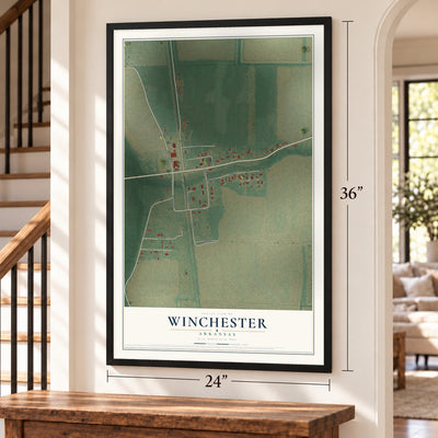 Winchester, Arkansas map, 24 x 36 inch print in a black frame by a staircase