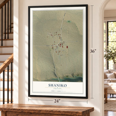 Shaniko, Oregon map, 24 x 36 inch print in a black frame by a staircase