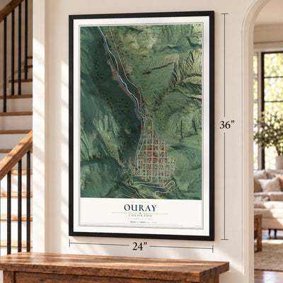 Ouray, Colorado map, 24 x 36 inch print in a black frame by a staircase