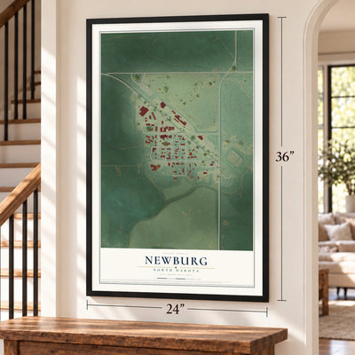Newburg, North Dakota map, 24 x 36 inch print in a black frame by a staircase