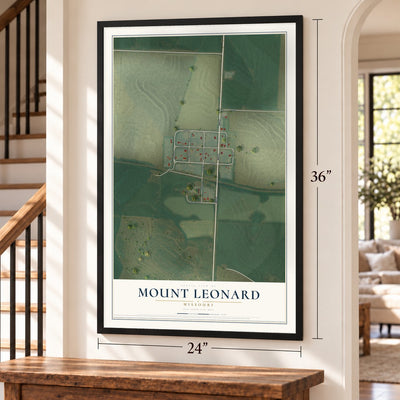 Mount Leonard, Missouri map, 24 x 36 inch print in a black frame by a staircase