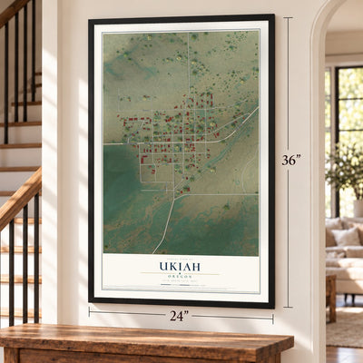 Ukiah, Oregon map, 24 x 36 inch print in a black frame by a staircase