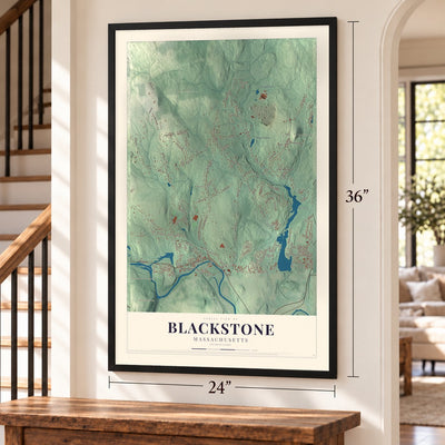 Blackstone, Massachusetts map, 24 x 36 inch print in a black frame by a staircase