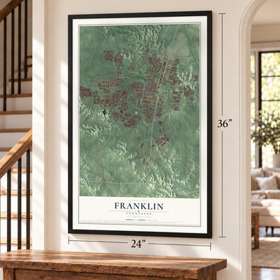 Franklin, Tennessee map, 24 x 36 inch print in a black frame by a staircase