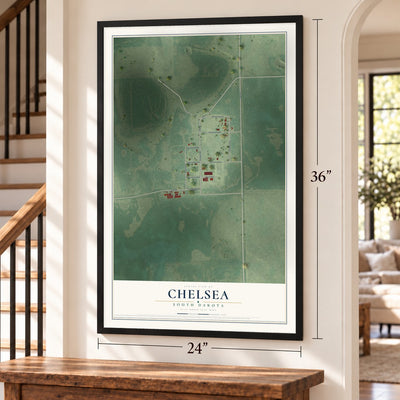 Chelsea, South Dakota map, 24 x 36 inch print in a black frame by a staircase