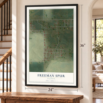 Freeman Spur, Illinois map, 24 x 36 inch print in a black frame by a staircase