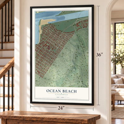 Ocean Beach, California map, 24 x 36 inch print in a black frame by a staircase