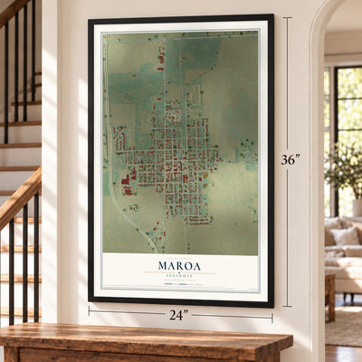 Maroa, Illinois map, 24 x 36 inch print in a black frame by a staircase