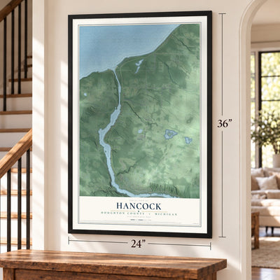Hancock, Houghton County, Michigan map, 24 x 36 inch print in a black frame by a staircase