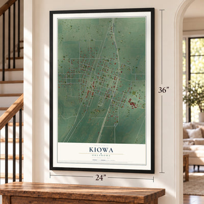 Kiowa, Oklahoma map, 24 x 36 inch print in a black frame by a staircase