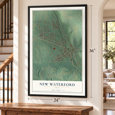 New Waterford, Ohio map, 24 x 36 inch print in a black frame by a staircase