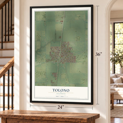 Tolono, Illinois map, 24 x 36 inch print in a black frame by a staircase