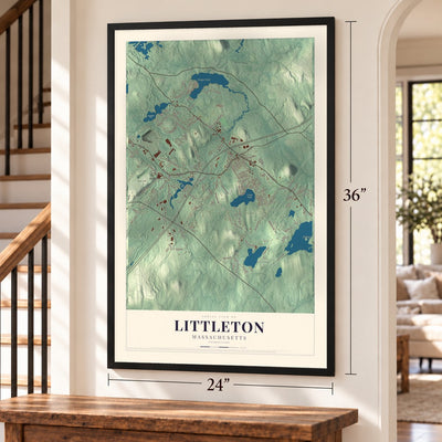 Littleton, Massachusetts map, 24 x 36 inch print in a black frame by a staircase