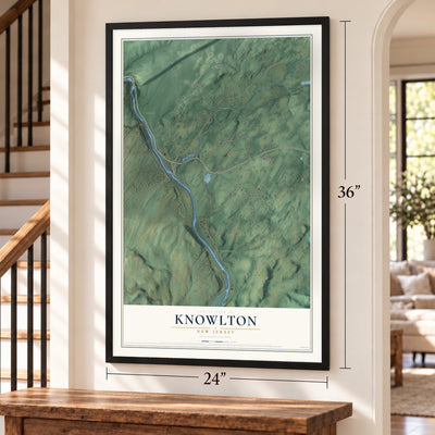 Knowlton, New Jersey map, 24 x 36 inch print in a black frame by a staircase